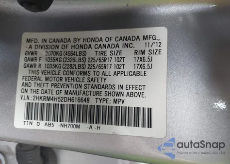 2013 Honda Cr-V Ex z USA, uszkodzony, nr VIN 2HKRM4H52DH616648